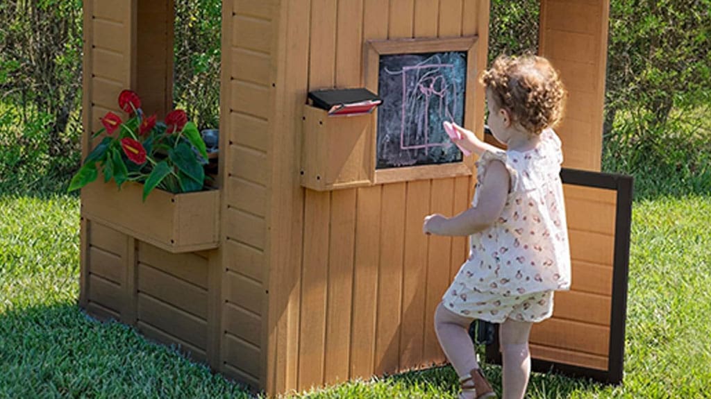 Backyard Discovery Caraway Cottage Cedar Wood Kids Outdoor Playhouse Playset with Chalkboard